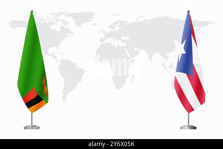 Bandiere dello Zambia e di Porto Rico per l'incontro ufficiale sullo sfondo della mappa del mondo. Illustrazione Vettoriale