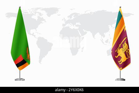 Bandiere dello Zambia e dello Sri Lanka per l'incontro ufficiale sullo sfondo della mappa del mondo. Illustrazione Vettoriale