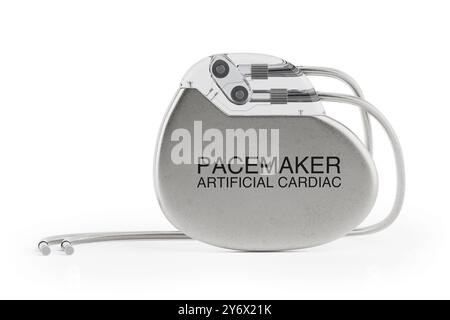 Dispositivo per pacemaker cardiaco artificiale impiantabile su sfondo bianco. Rendering 3d. Foto Stock