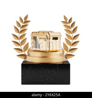 Vincitore del premio Cube Gold Laurel Wreath Podium, palco o piedistallo con centrale elettrogeno portatile ad alta capacità Golden su sfondo bianco. 3d re Foto Stock