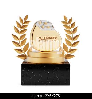 Vincitore del premio Cube Gold Laurel Wreath Podium, Stage o piedistallo con dispositivo per pacemaker cardiaco artificiale impiantabile Golden su sfondo bianco. 3d R Foto Stock