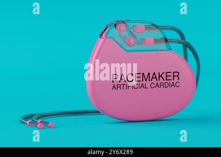 Dispositivo per pacemaker cardiaco artificiale rosa impiantabile in stile Duotone su sfondo blu. Rendering 3d. Foto Stock