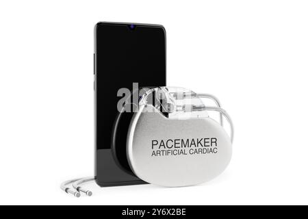 Dispositivo per pacemaker cardiaco artificiale impiantabile con telefono cellulare su sfondo bianco. Rendering 3d. Foto Stock
