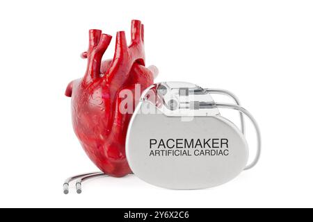 Dispositivo per pacemaker cardiaco artificiale impiantabile con cuore umano rosso su sfondo bianco. Rendering 3d. Foto Stock