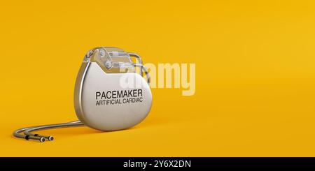 Dispositivo per pacemaker cardiaco artificiale impiantabile su sfondo giallo. Rendering 3d. Foto Stock