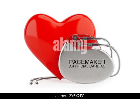 Dispositivo per pacemaker cardiaco artificiale impiantabile con cuore rosso su sfondo bianco. Rendering 3d. Foto Stock