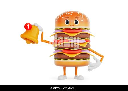 Cartoon Premium Delicious Burger personaggio personaggio Mascot con Cartoon Social Media Notification Bell e icona nuovo messaggio su sfondo bianco. Foto Stock