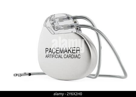Dispositivo per pacemaker cardiaco artificiale impiantabile su sfondo bianco. Rendering 3d. Foto Stock