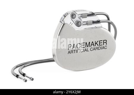 Dispositivo per pacemaker cardiaco artificiale impiantabile su sfondo bianco. Rendering 3d. Foto Stock