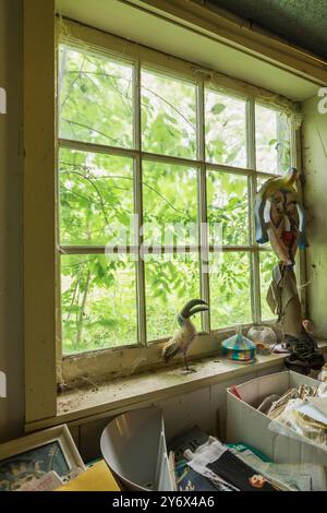 Sculture di uccelli di Toucan e altri oggetti antichi in vendita sul davanzale della finestra all'interno del negozio di articoli di seconda mano e chattels. Foto Stock