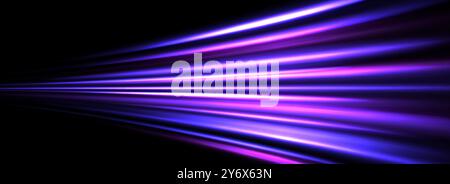 Striature luminose al neon sullo sfondo. Effetto luce blu a velocità viola. Trama linee flare magiche. Design luminoso di raggi laser e carta da parati a raggi. Futuristiche strisce al neon sullo sfondo. Vettore Illustrazione Vettoriale
