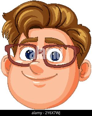 Uomo dei cartoni animati con occhiali e capelli castani Illustrazione Vettoriale