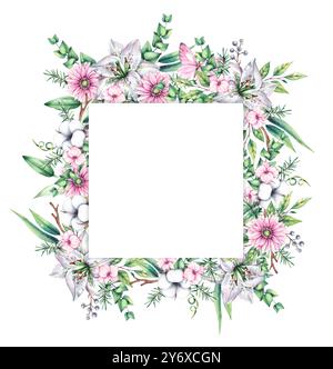 Collezione di illustrazioni di fiori d'acquerello e uccelli Foto Stock