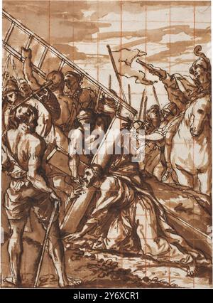 Anonimo / "caduta sulla strada per il Calvario". XVIII secolo. Lavaggio marrone-grigio, matita su carta posata. Museo: Museo del Prado, Madrid, España. Foto Stock