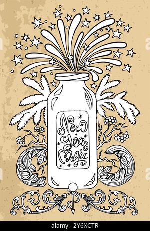 Illustrazione vettoriale disegnata a mano con pozione magica in bottiglia decorata, rami di conifere e fuochi d'artificio su sfondo testurizzato. Esoterico, gotico e.. Illustrazione Vettoriale