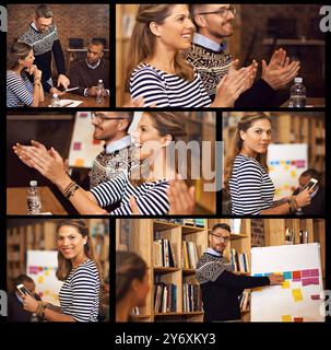 Collage, editoria e professionisti in ufficio per riunioni, discussioni e brainstorming. Azienda creativa, personale di copywriting e montaggio di Foto Stock