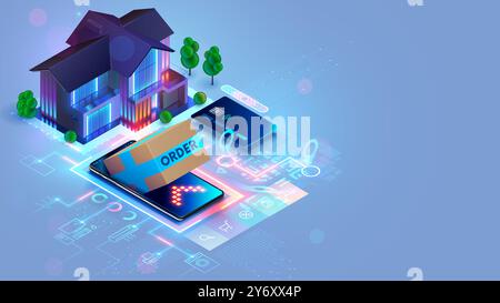 Shopping online. Internet shop sul Web al telefono. Servizio di consegna in negozio online. Pagamento, consegna di ordini da Internet Marketplace o negozio online. Ho Illustrazione Vettoriale