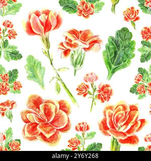 Fantasia senza cuciture di fiori di calanchi e foglie di succulente bouquet. L'illustrazione dipinta a mano ad acquerello è disegnata in rosso, giallo, arancione e verde Foto Stock