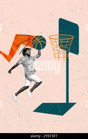 Grafica di tendenza composita immagine schizzo collage fotografico di attrezzature sportive per la pubblicità basket gioco sportivo Guy tiro a mano palla Foto Stock