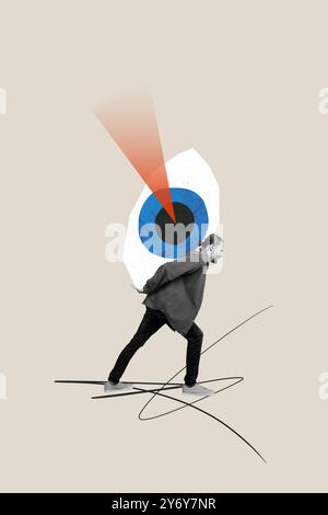 Collage artistico creativo verticale di un uomo insoddisfatto trasporta una rapina di oculari ufo controllo del fascio di luce isolato su sfondo dipinto Foto Stock