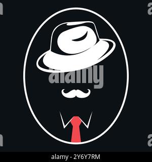 Silhouette astratta di mafia, gangster, detective o gentiluomo. Uomo con baffi in cappello e cravatta rossa. Illustrazione vettoriale Illustrazione Vettoriale