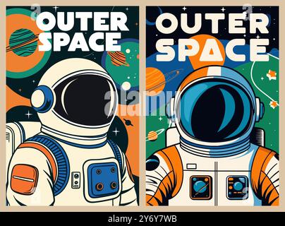 Astronauta nello spazio retro poster Vector Set Illustrazione Vettoriale