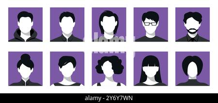 Silhouette senza volto maschili e femminili in telai quadrati. Set di avatar per uomini e donne. Illustrazione vettoriale Illustrazione Vettoriale