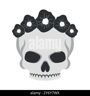 Cranio umano senza mandibola inferiore nella corona di fiori su sfondo bianco. Logo simbolo icona del cranio. Illustrazione vettoriale Illustrazione Vettoriale