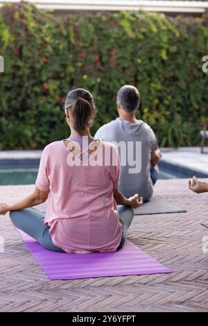 Pratica yoga, amici anziani e diversi che meditano sui tappetini da yoga a bordo piscina, a casa Foto Stock