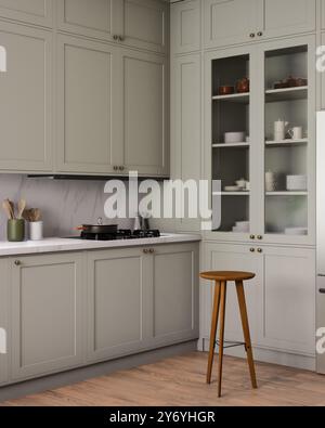 Una cucina moderna e minimalista con armadi grigi combinati con eleganti scaffali aperti Foto Stock