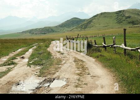 Strada panoramica che si snoda tra campi verdi e maestose montagne Foto Stock