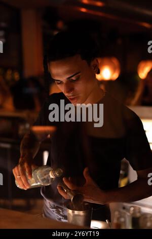 Un giovane barman attraente che prepara cocktail in un bar notturno. Foto Stock