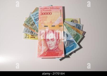 Primo piano di banconote e monete venezuelane esposte su uno sfondo bianco pulito Foto Stock