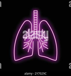 Icona luminosa della linea al neon dei polmoni umani con trachea e bronchi per il design medico Illustrazione Vettoriale