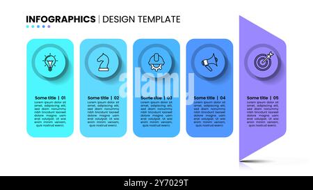 Modello infografico con icone e 5 opzioni o passaggi. Freccia astratta. Può essere utilizzato per layout del flusso di lavoro, diagrammi, banner, webdesign. Illustrati vettoriali Illustrazione Vettoriale