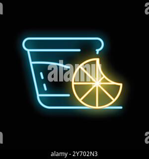Cartello al neon luminoso che rappresenta un bicchiere con acqua e una fetta di limone, perfetto per illustrare abitudini sane Illustrazione Vettoriale