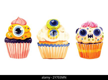 Set di cupcake ad acquerello di Halloween. muffin decorati in modo spaventoso. Cibo di Halloween per le feste Illustrazione Vettoriale