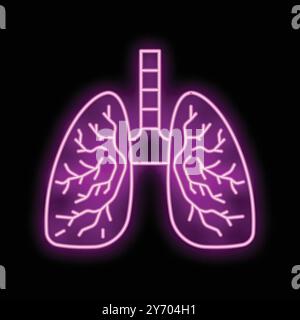 Segno al neon che rappresenta i polmoni umani che si illuminano di viola su sfondo nero, ideale per concetti medici o anatomici Illustrazione Vettoriale