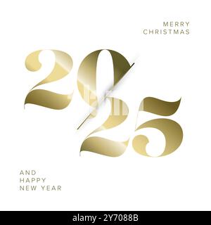 Layout minimalista del modello di tessere bianco per il felice anno nuovo 2025 con numeri dorati grandi 2025. Modello di stato banner per festeggiare l'anno nuovo Illustrazione Vettoriale