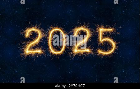 Felice anno nuovo 2025 fuochi d'artificio su Night Sky Universe in Blue Foto Stock