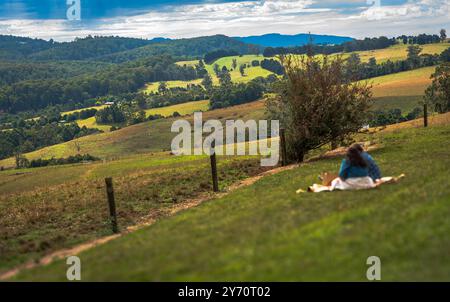 Giovani coppie che fanno un picnic al Main Neerim Road Lookout, con vista sulle fattorie e sulle montagne con il cielo nuvoloso sullo sfondo Foto Stock