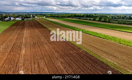Ampi terreni agricoli si estendono attraverso il paesaggio, con file di raccolto alternati in varie tonalità di verde e marrone. I cieli nuvolosi si innalzano sopra i ricchi campi agricoli. Foto Stock