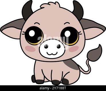 Icona Zodiaco animale cinese bue di Capodanno segno. Kawaii asiatico stile carino illustrazione isolata di mascotte mucca. Adorabile vitello beige con grandi occhi seduti Illustrazione Vettoriale