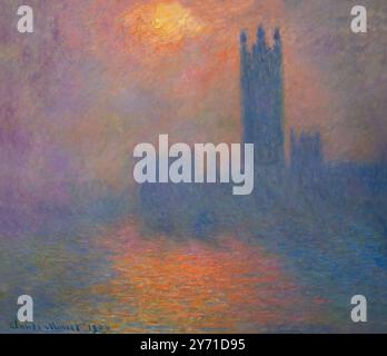 Londra, Houses of Parliament, Sunlight Opening in Fog, The Sun Shining Through the Fog, Londres, le Parlement, Trouee de Soleil dans le Brouillard, C. Foto Stock