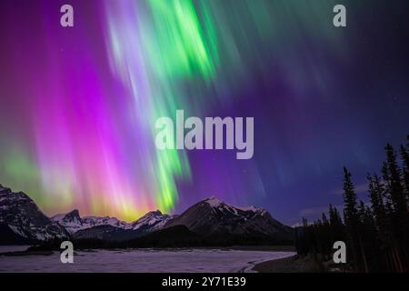 Aurora boreale che riempie il cielo di vibranti colori viola e verde su una catena montuosa innevata Foto Stock