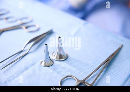 Il set professionale di utensili è disposto sulla tabella degli attrezzi Foto Stock