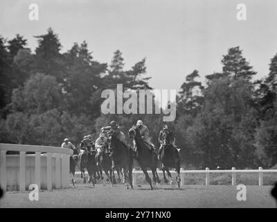 Arbar vince la Gold Cup e Ascots terzo giorno. Le loro Maestie il Re e la Regina, oggi (giovedì) hanno partecipato alla riunione del terzo giorno della Royal Ascot e hanno visto il cavallo francese Arbar catturare l'ambita Ascot Gold Cup. Le immagini mostrano: Arbar vince attraverso' - arrivando al turno e al traguardo dritto nella Coppa d'Oro Ascot di oggi sono - ROI de Navarre (estrema sinistra, fantino in bianco); Arbar, (successivo, nascosto, Jockey's cap only showing); Bayeux II, (secondo da destra, primo piano) e White Way (estrema destra, primo piano). 17 giugno 1948 Foto Stock