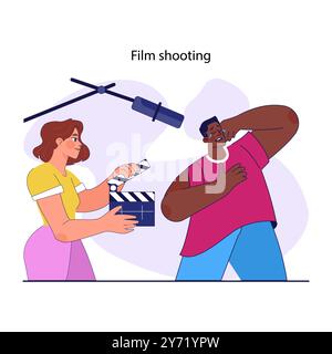 Industria cinematografica. Processo di ripresa, famoso attore che si esibisce con la fotocamera. Microfono e clapper della troupe cinematografica. Noto successo di artisti maschi. Illustrazione vettoriale piatta Illustrazione Vettoriale