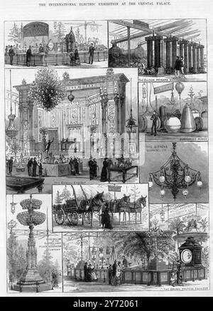 International Electric Exhibition al Crystal Palace, London inc Edison e Siemens Chandelier 4 marzo 1882 Foto Stock