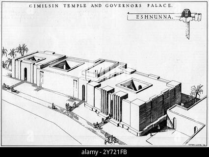 Un palazzo e un tempio 4000 anni fa e le rovine oggi . Un disegno di ricostruzione del primo Palazzo dei principi di Eshnunna a Tell Asmar , il primo Palazzo del periodo ( circa 2200 a.C. ) mai scavato : Un complesso di edifici comprendente LtoR la Cappella privata , il Palazzo stesso e il grande Tempio di Gimilsin , all'estremità orientale , ciascuno con un'imponente porta d'ingresso . Ottobre 1932 Foto Stock